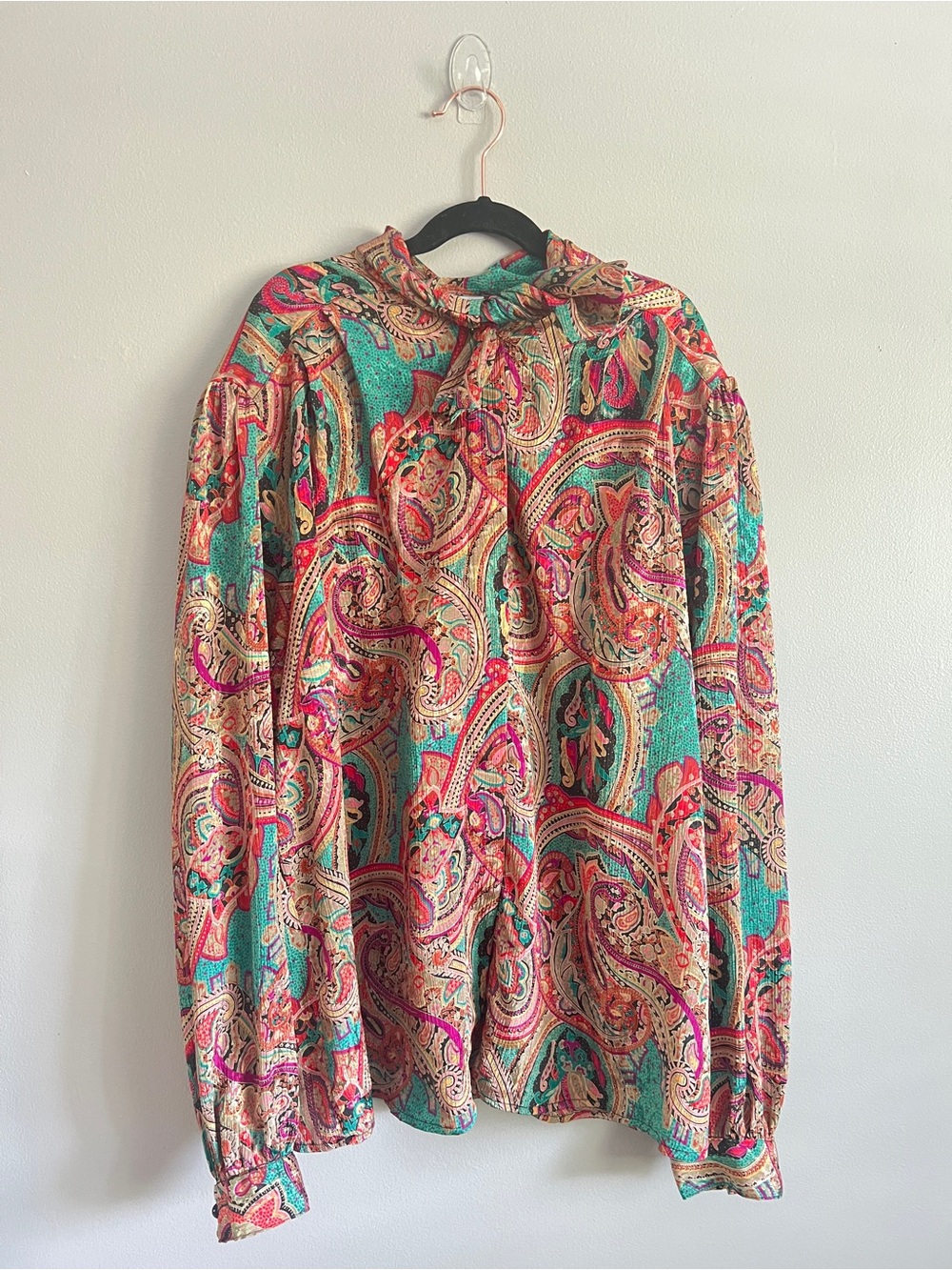 Vintage Paisley Tie-Neck Button Down Blouse in funky colorful pattern